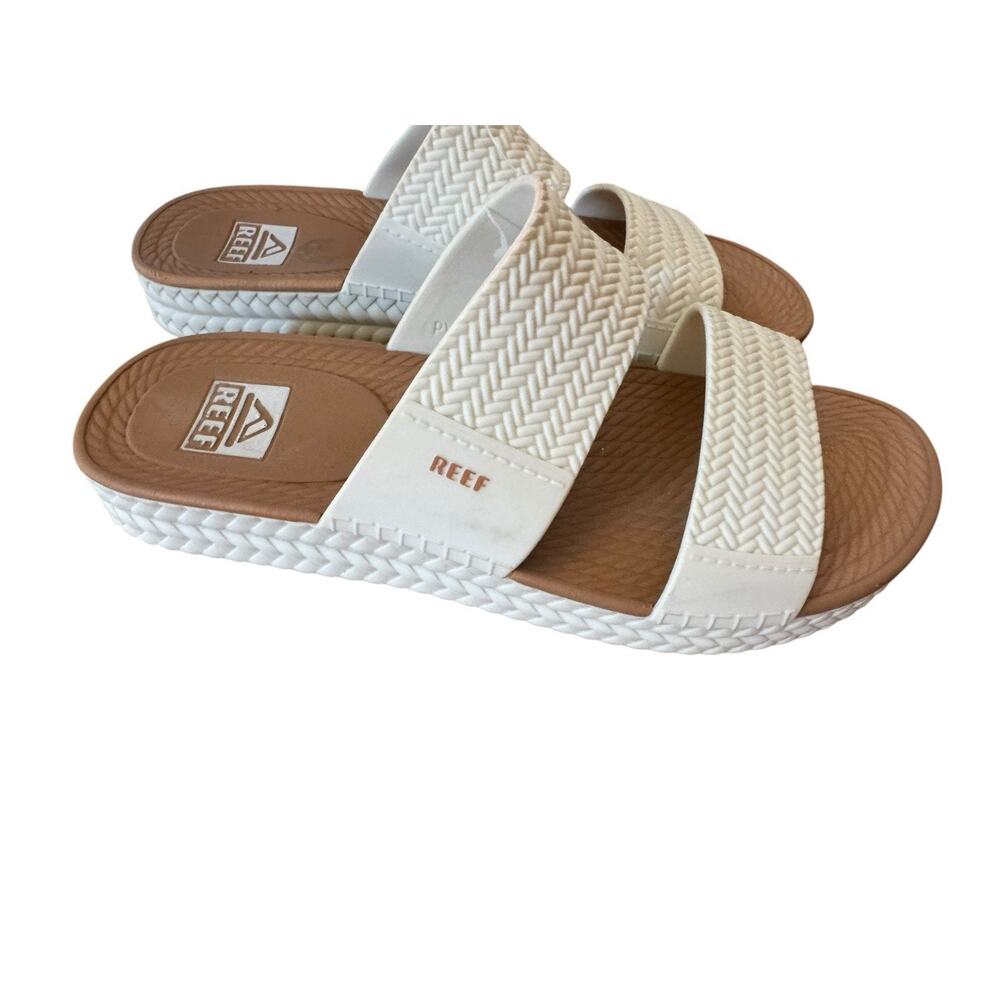 Reef White and Brown Woven Slide Sandals